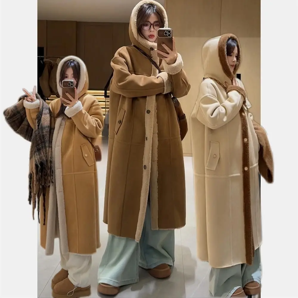 Hooded Lamb Suede Fur One-Piece Coat For Women In Winter, New Thick And Environmentally Friendly Fur Long Coat