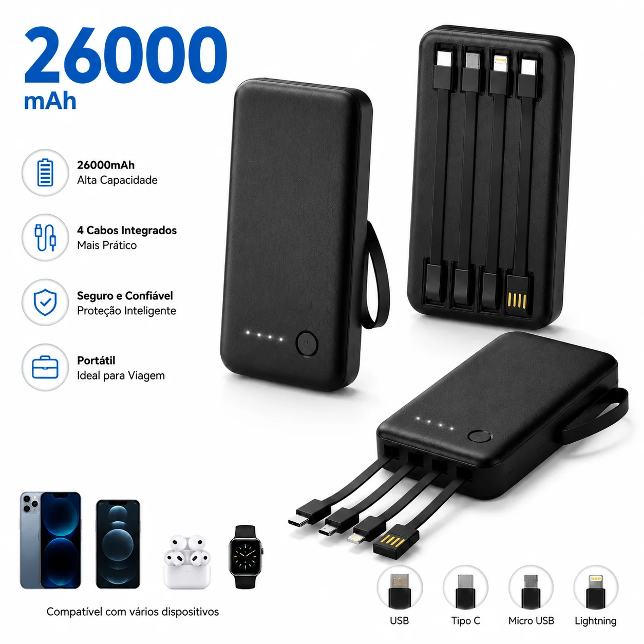 Power Bank Portátil 12000/26000mAh com Carregamento Rápido e 4 Cabos USB Integrados para Celular e Viagem