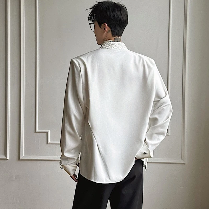 WTHT Trendy Men's Plate Buckle Embroidery Shoulder Pads T-shirts Fashion Solid Color Stand Collar Tops Male 2026 Summer 2A3043