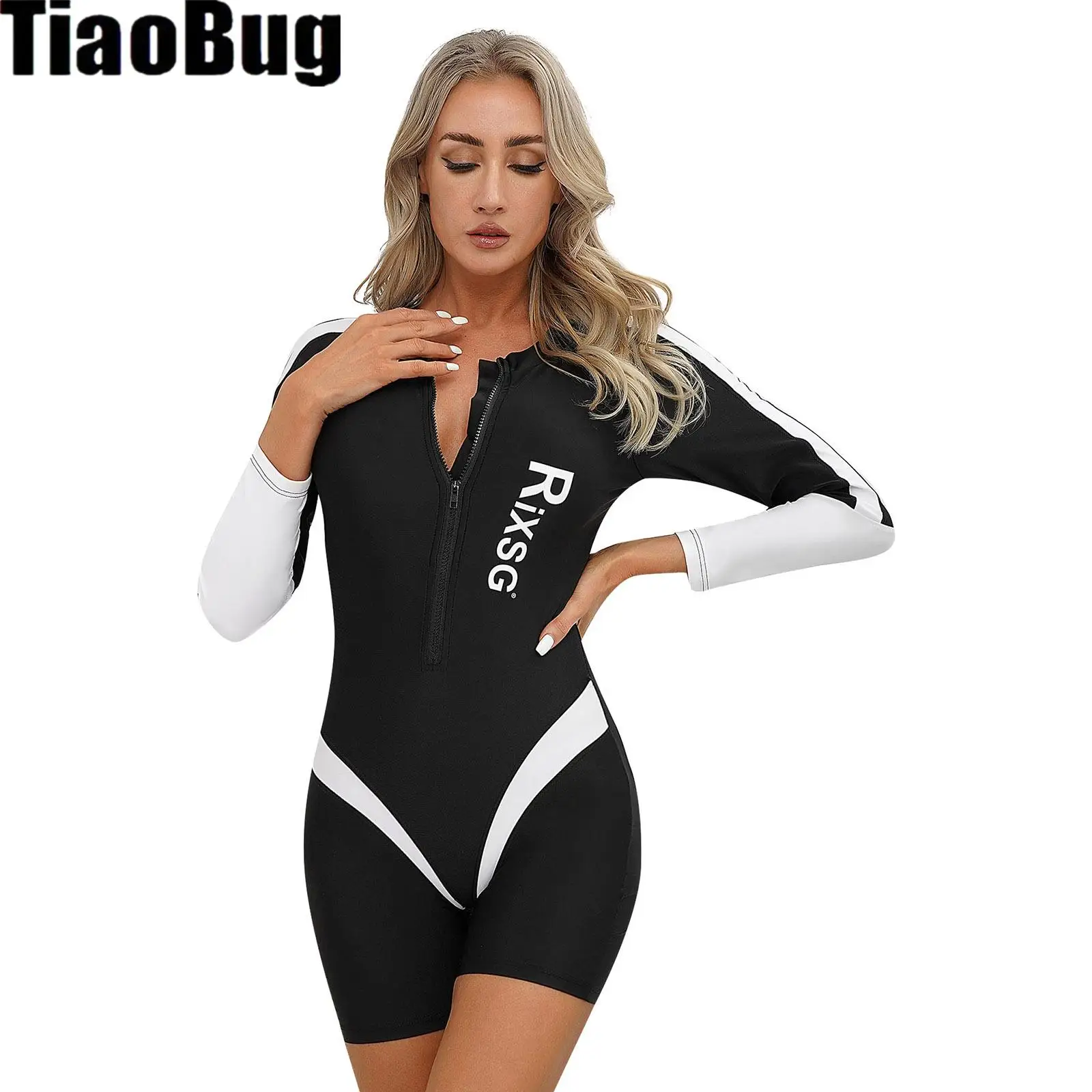 

Women Color Block One-piece Swimsuit Long Sleeve Front Zipper Chest Pads Swimming Jumpsuit Bathing Bodysuit Pool Beach Swimwear