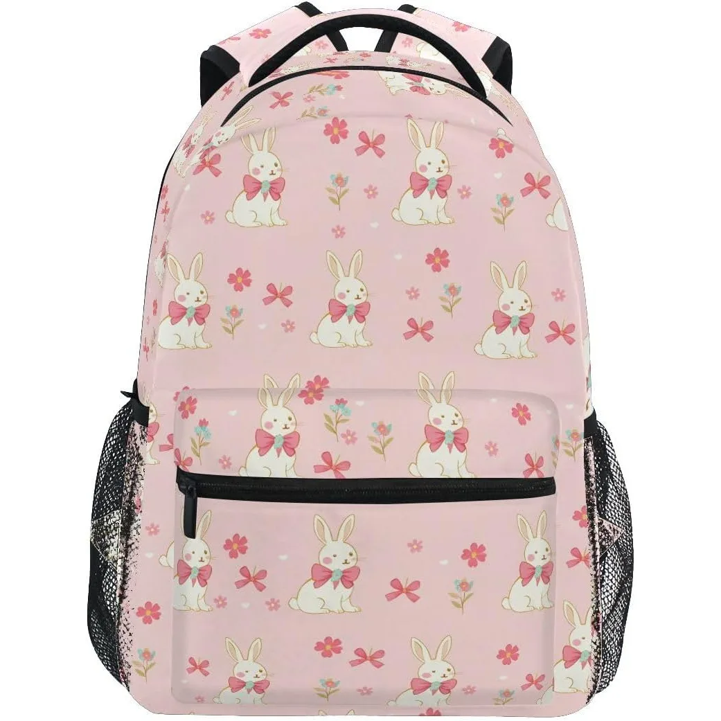 

Pink Bunny Bow Print Backpack Cute Rabbit Floral Pattern School Bag Lightweight Casual Daypack For Students Travel Daily Use