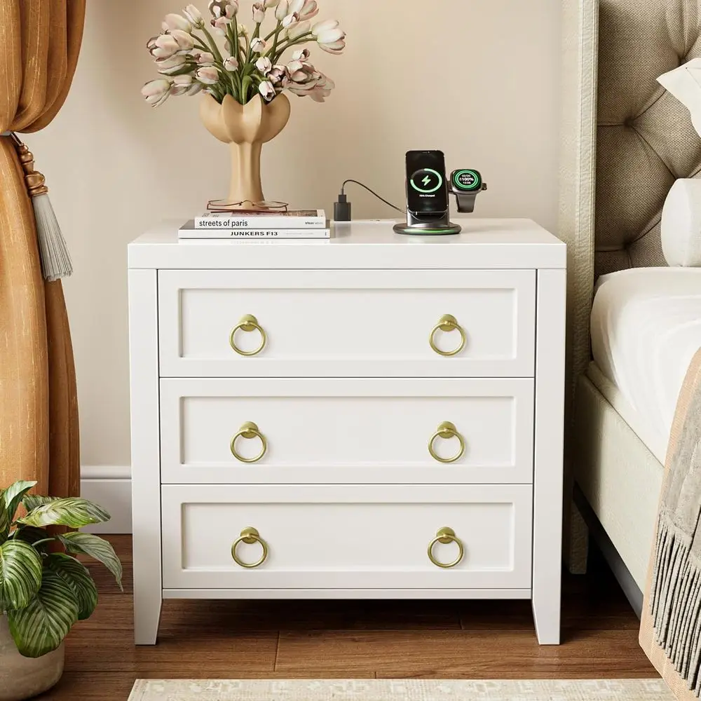 23.6 Inch Night Stand with Station and USB-C Port, 3 Der Nightstand, Larger Wider Bede Table, ern Side End Table, or Bedroom, Wh