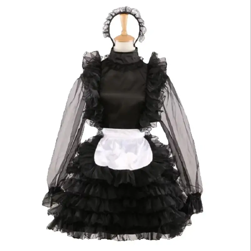 

Lockable Spicy Girl Perspective Thin Organza Princess Black Satin Dress Role Play Dress Fluffy Style Maid Dress