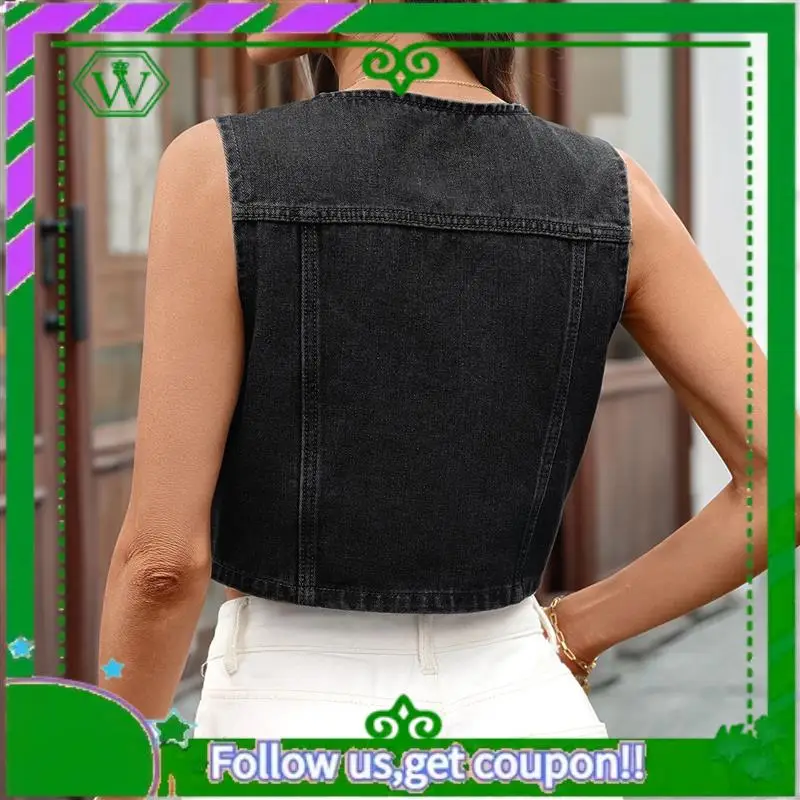 

A18P-Jean Vests For Women Crop Denim Top Button Down Waistcoat Vest Tank Tops Fashion Casual Sleeveless Jacket