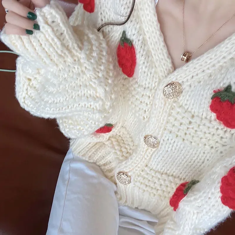 Women Strawberry Loose Cardigan Sweater Fall Fashion Long Sleeve Korean Tops Chic Female Preppy Sweater