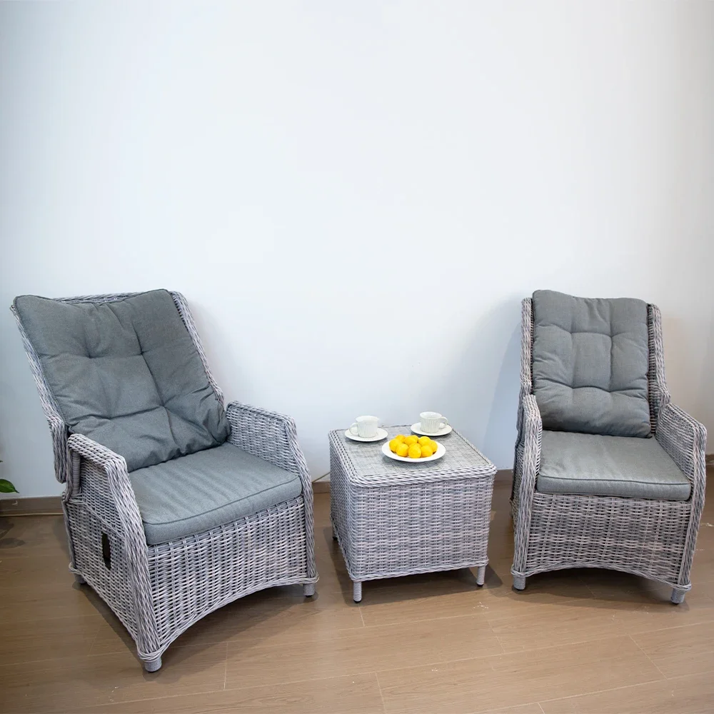 

y High Quality Wicker Rattan Armchair Set 2 Adjustable Hydraulic Armchairs With 1 side table 3Pieces