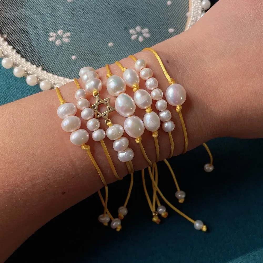 Natural Freshwater Pearl Friendship Bracelet for Women Baroque Pearl Six Pointed Star Charm Sun Yellow Rope Chain Bracelet Boho