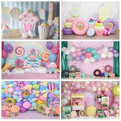 Candy Bar Shop Backdrop for Photography Ice Cream Donuts Cupcake Lollipop Sweet Baby Birthday Party Background Kids Photo Studio