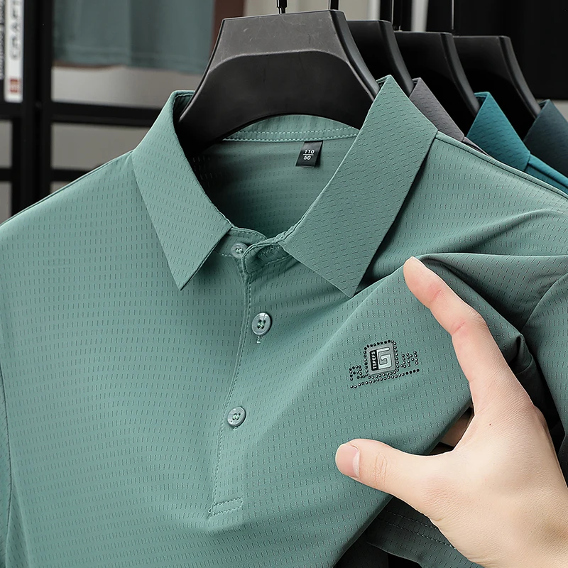 

Новая летняя высокоэластичная трендовая однотонная мужская футболка-поло с лацканами и короткими рукавами в маленькую клетку с ромбовидным дизайном, повседневная крутая футболка, топ