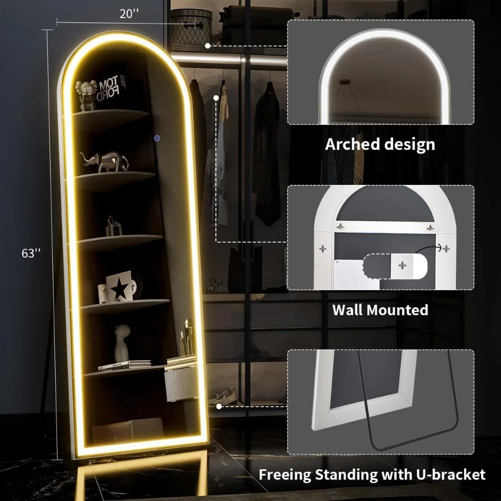 Arched Full Length Mirror with Lights, Dimming & 3 Color Lighting, Stand, Explosion Proof, Easy Installation, Floor Mirror