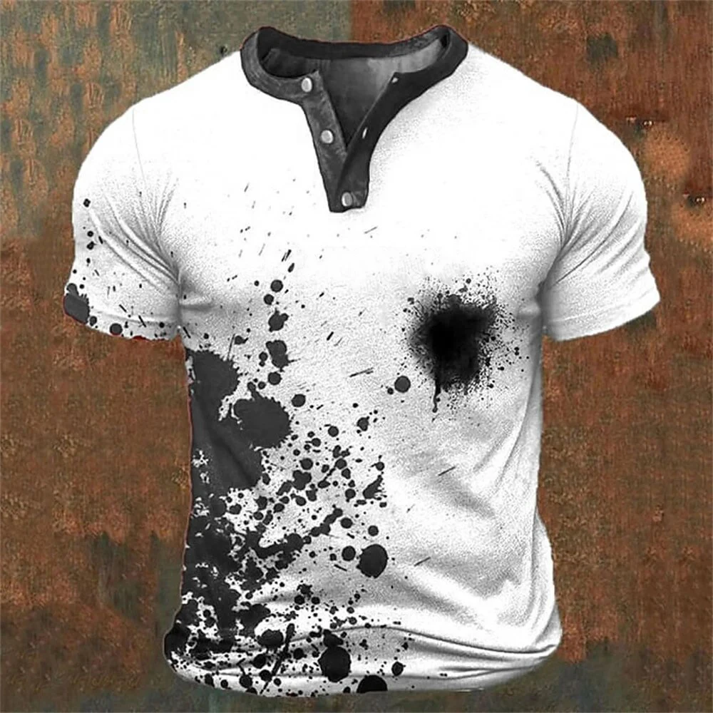 Funny 3D Letter Print Men's Henley Shirts Summer Street Clothing Fashion Loose Tees Casual Henry Collar Short Sleeve Button Tops view 5