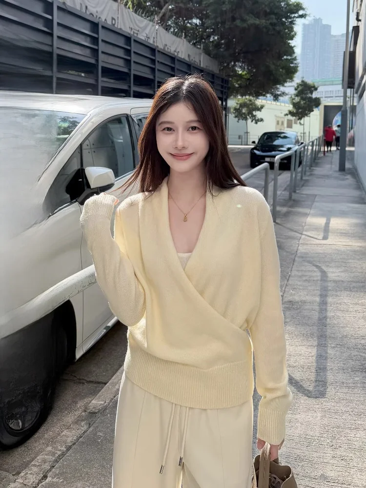 

Женский шерстяной трикотажный джемпер EKOOL с V-образным вырезом, приталенный, с завышенной талией, для ранней весны, модный повседневный корейский стиль, с длинными рукавами