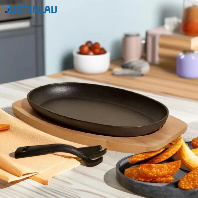

Сковорода для жарки рыбы овальной формы JUSTINLAU, утолщенная чугунная сковорода для гриля с деревянной подставкой и железной вилкой, аксессуар для барбекю