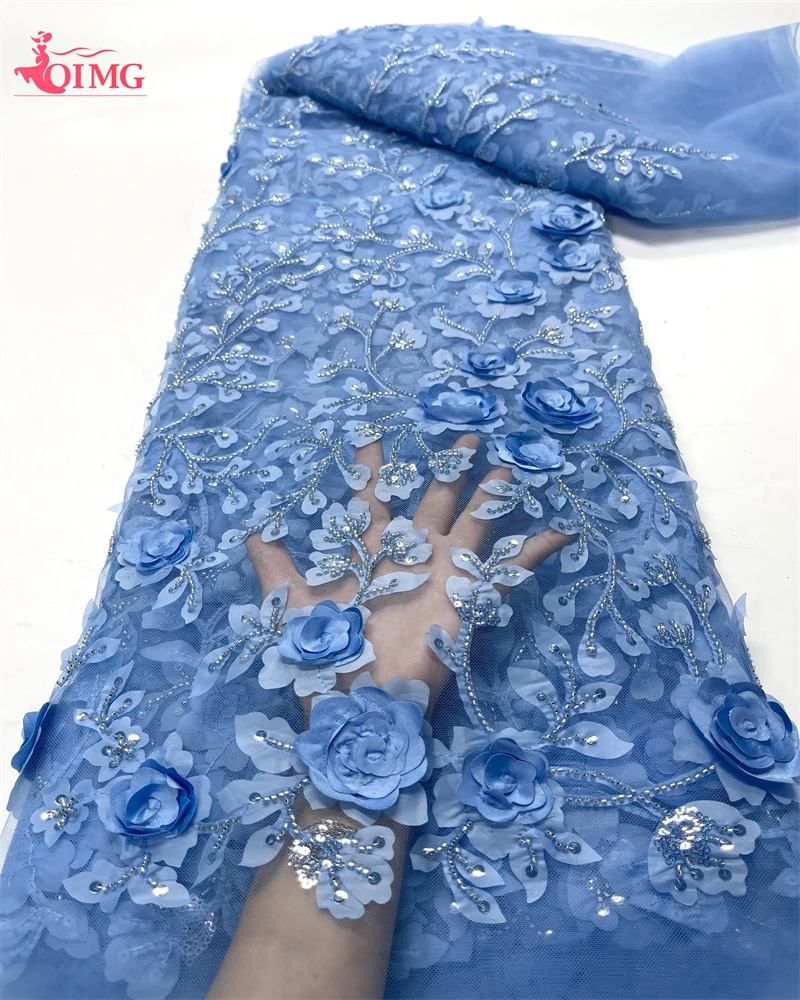 OIMG 2023 Luxury 3D Flower Lace Fabric Latest Dubai Beaded Tulle Lace Fabric Embroidered Applique Nigerian Fabric For Sewing