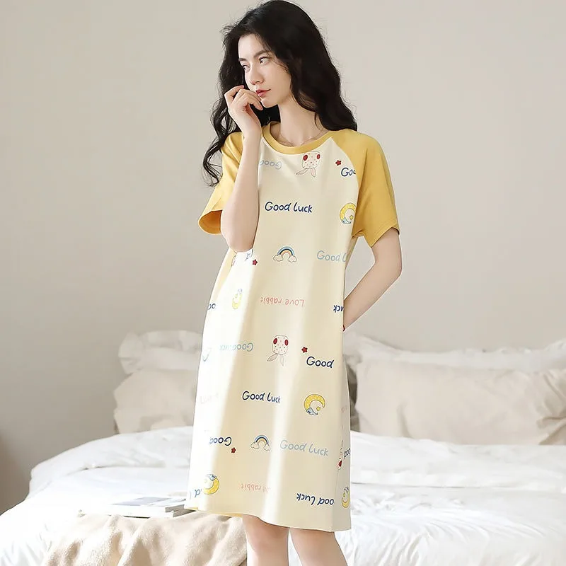 Women's Cotton Summer Nightgowns Ladies Short-sleeved Nightdress Summer Thin Loose Simple Home Clothes Girls Casual Sleepshirts