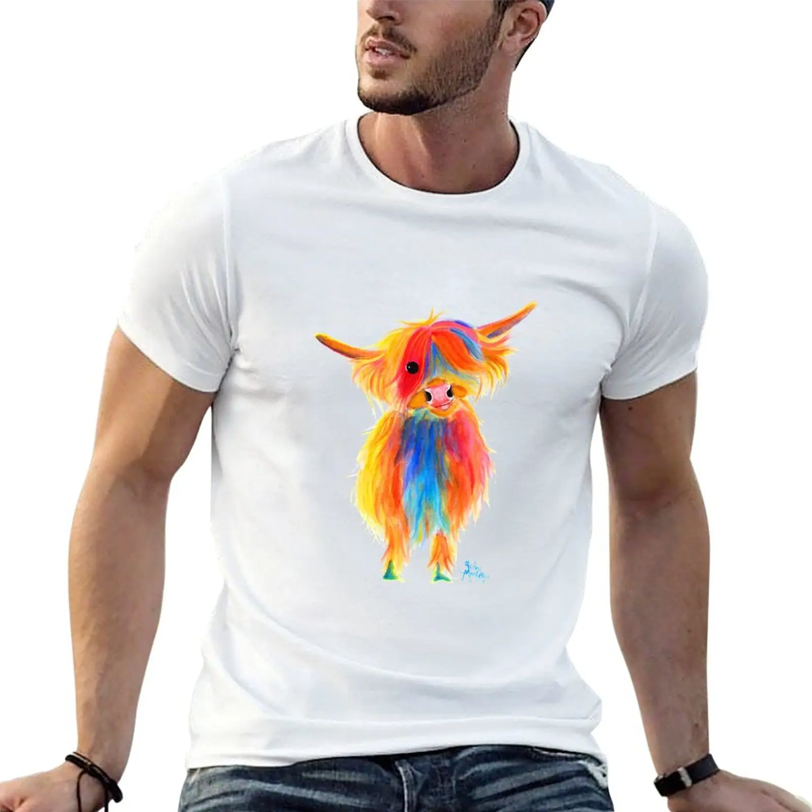 Scottish Highland Cow PRiNT ' ANGEL ' by Shirley MacArthur T-Shirt vintage t shirts blanks mens t shirts top quality
