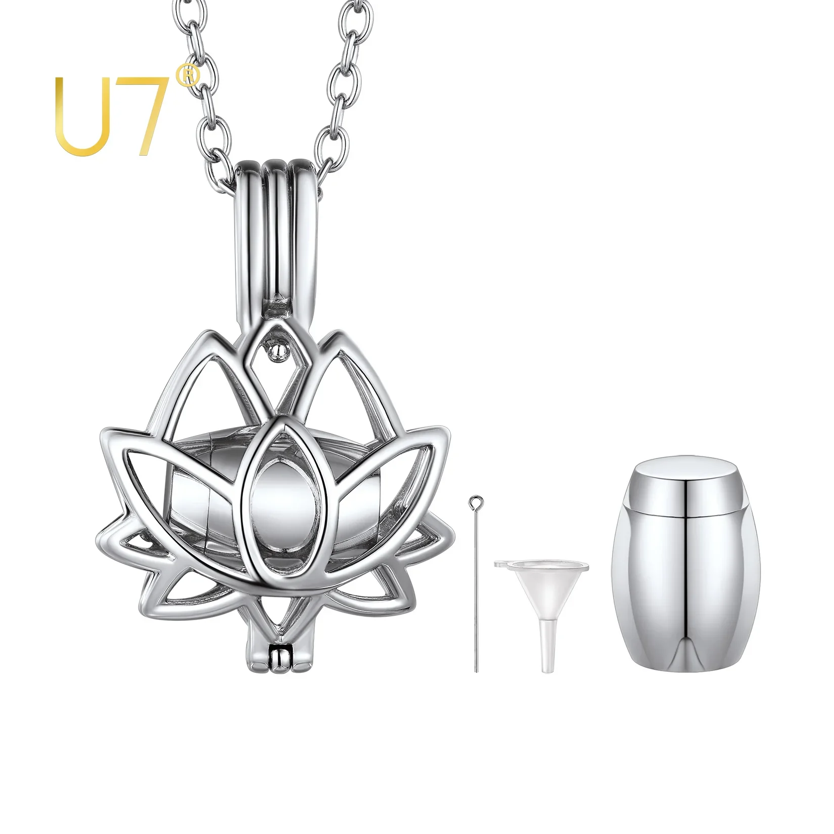 

U7 Cremation Jewelry for Ashes Stainless Steel Urn Pendant Hollow Out Lotus Flower Necklace