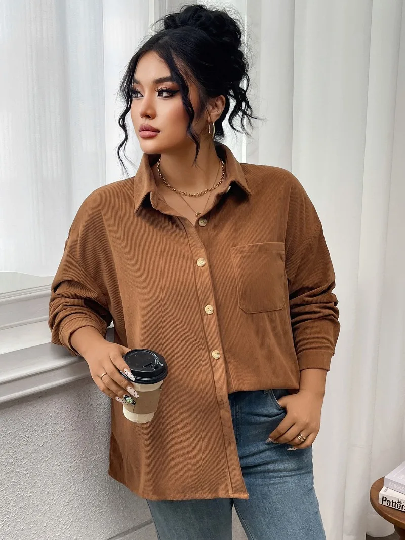 KEXU 2025 신상 가을 겨울 여성 셔츠 코트 플러스 사이즈 아우터 솔리드 컬러 라펠 코듀로이 캐주얼 재킷