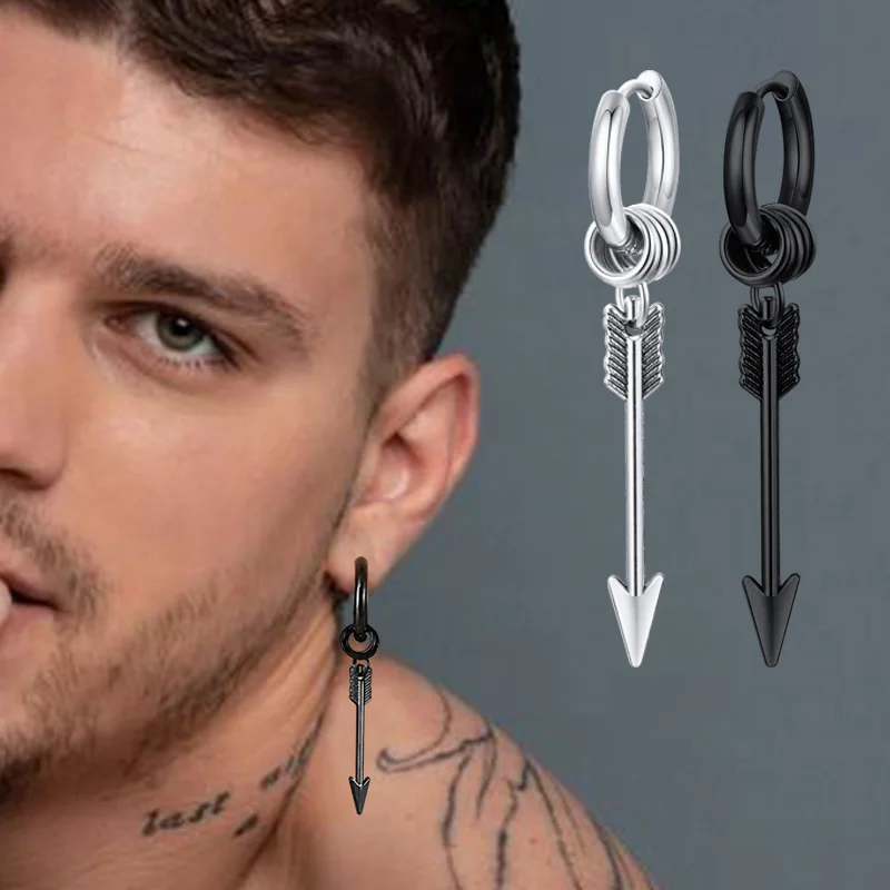 1pc Hip-hop Punk Stainless Steel Arrow Feather Cross Pendant Hoop Earrings Stylish Vintage Ear Studs for Men Women Daily Wear