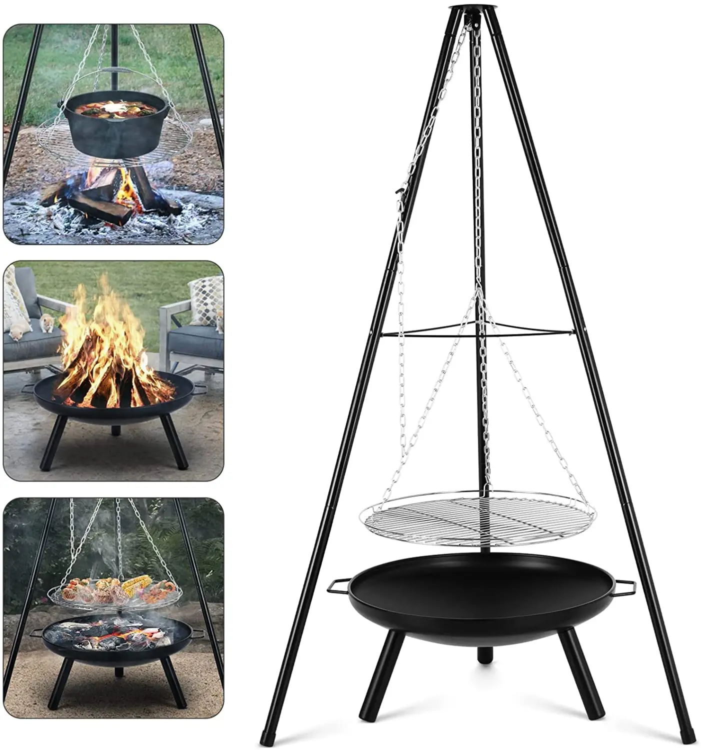 Set di supporti per braciere da campeggio, ciotola per braciere, treppiede, set di supporti per barbecue all'aperto, bruciatore riscaldatore regolabile H 152 cm, facile da trasportare