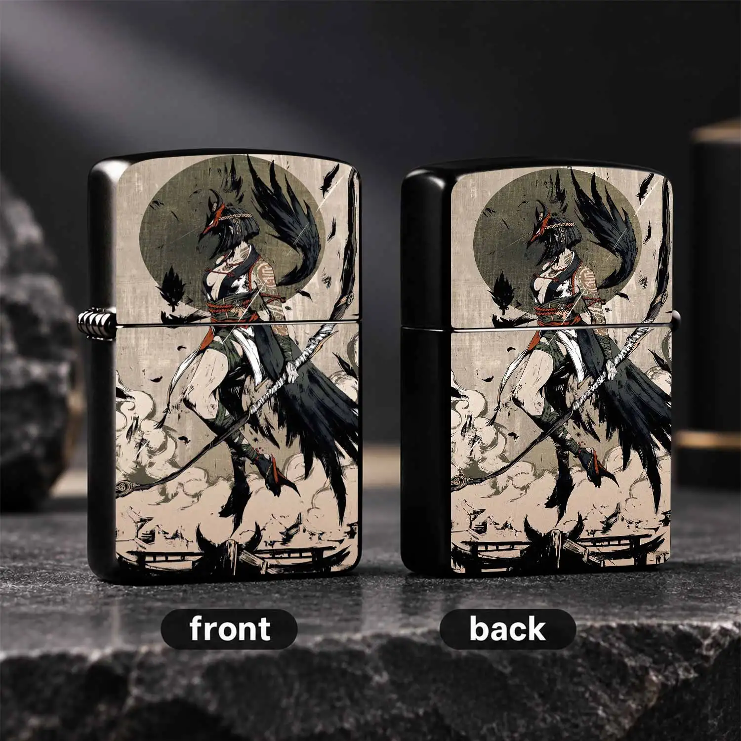 Retro Ukiyo-e Style CROW Tengu Samurai Lighter Vintage Ink Wash Female Pattern Sturdy Body Windproof PORTABLE Collectible Creative Artistic Smokers Accessory Ideal Gift for Japanese Style Anime Fans Daily Use A Fun and Humorous Lighter