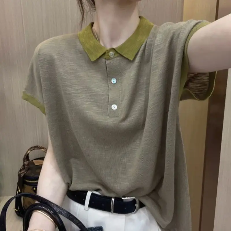 2024 Women\'s New Summer Fashion Slim Versatile Polo-Neck Short Sleeve Color Blocking Three Button Knitted Ice Silk T-shirt Top