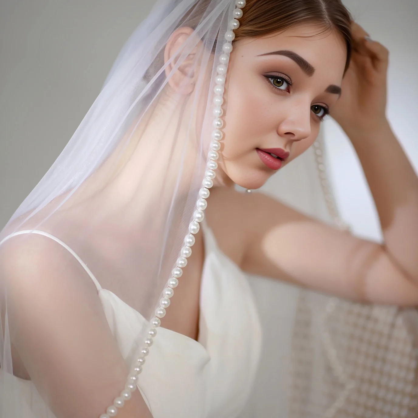 Elegant Beaded Bridal Veils Pearls Wedding Veils with Comb 1 Tier Short Soft Tulle with Comb Simple Wedding Accessories V119