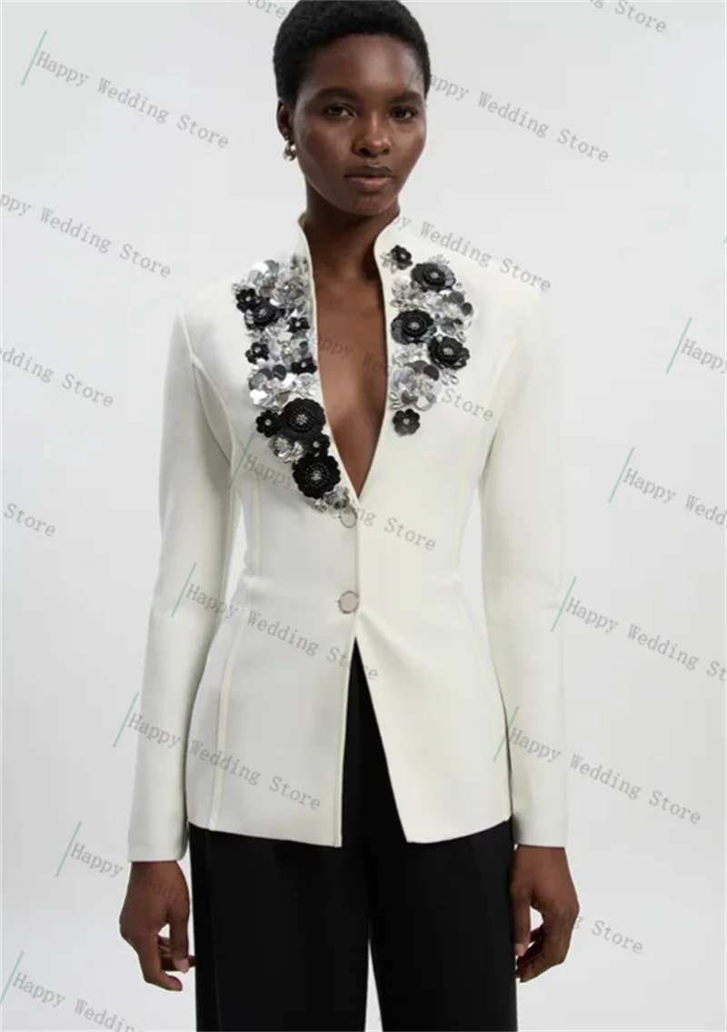 黒人女性用スーツセット 2ピース ブレザー パンツ ズボン 3Dフラワー クリスタル 秋 コットン フォーマル オフィスレディー カスタムジャケット プロムコート