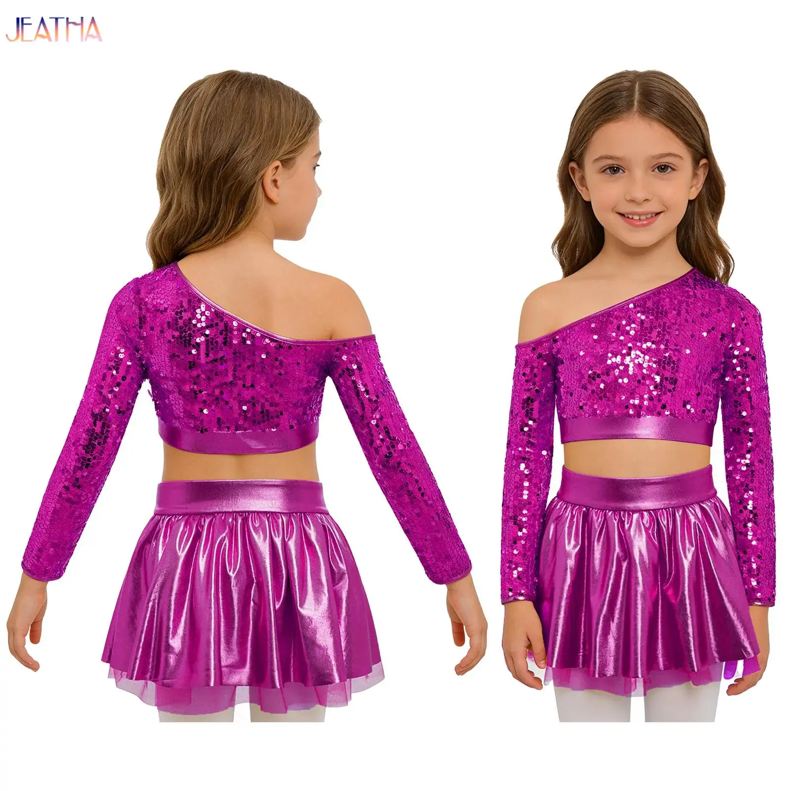 

Kids Girls Hip Hop Jazz Dance Performance Costume One Shoulder Shiny Sequin Cheerleading Crop Top with Metallic Skirt Outfits