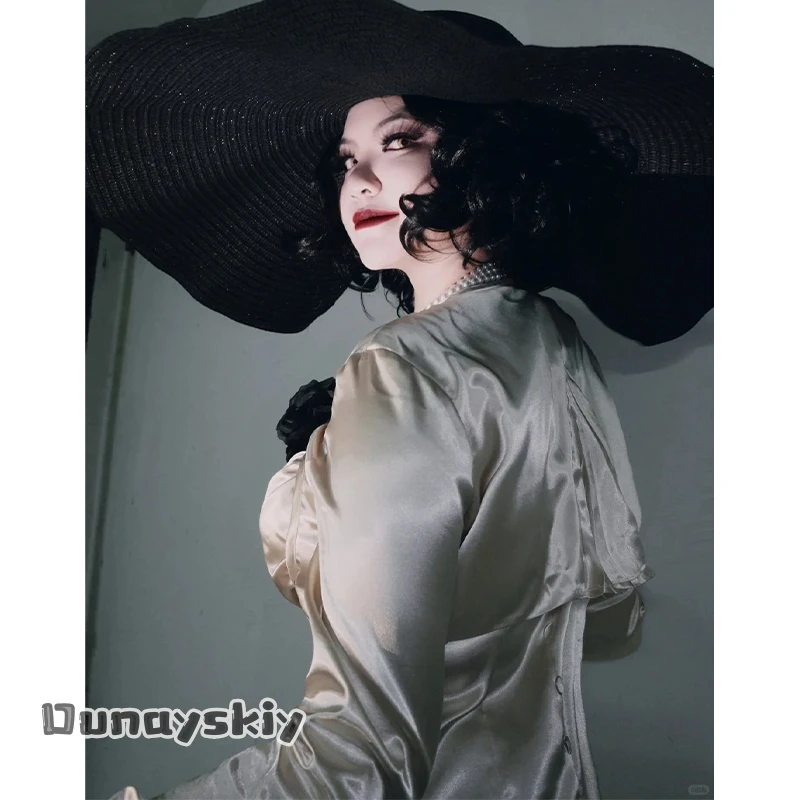 

MAG COS*Cosplay Lady Dress Alcina Dimitrescu Costume Elegant Long Sleeve Satin Dress Evening gown Full Set Halloween Disguise