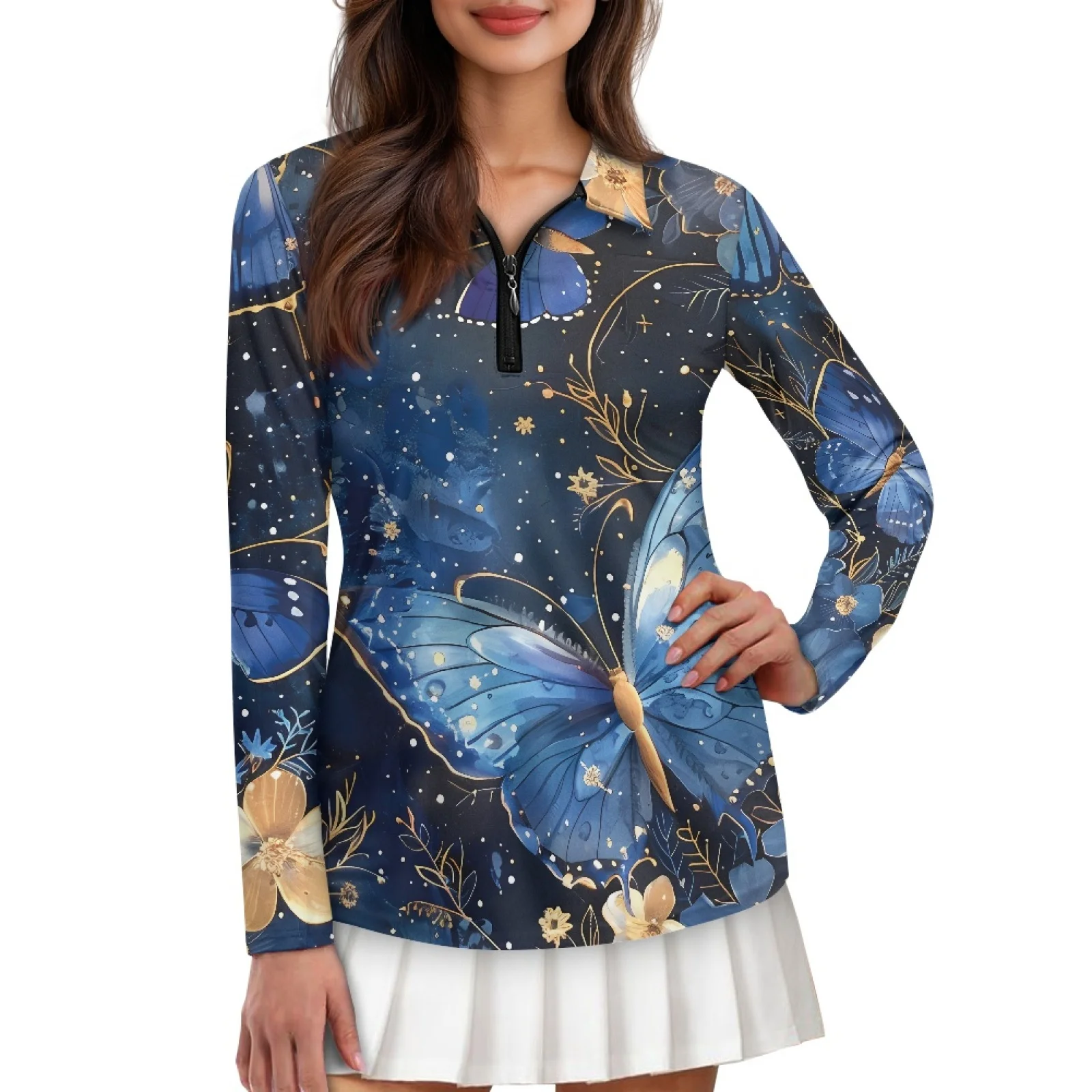 PENSTROLL Blue Butterfly Print Womens Slim Fit Activewear Top Comfortable Golf Clothes for Jogging