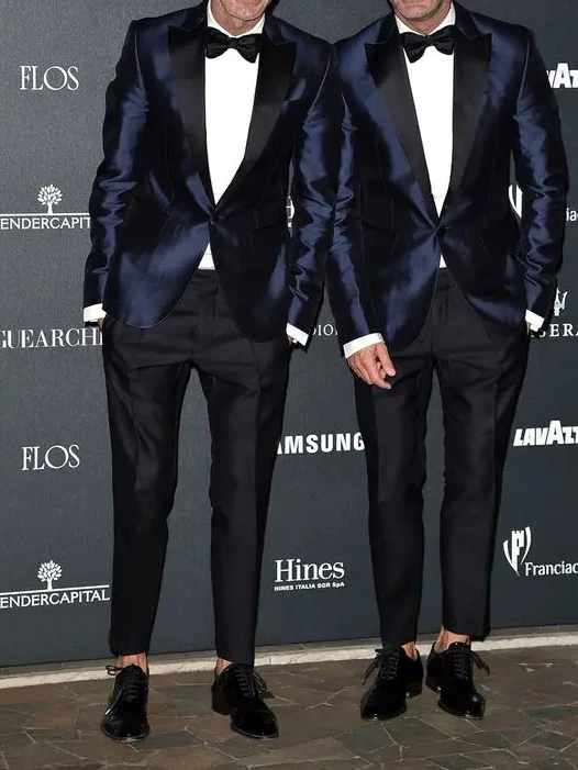 Blue Satin Men Suit Casual Wedding Suits Black Pants Slim Fit 2 Piece Groom Tuxedo Custom Prom Party Blazer Sets Terno Masculino