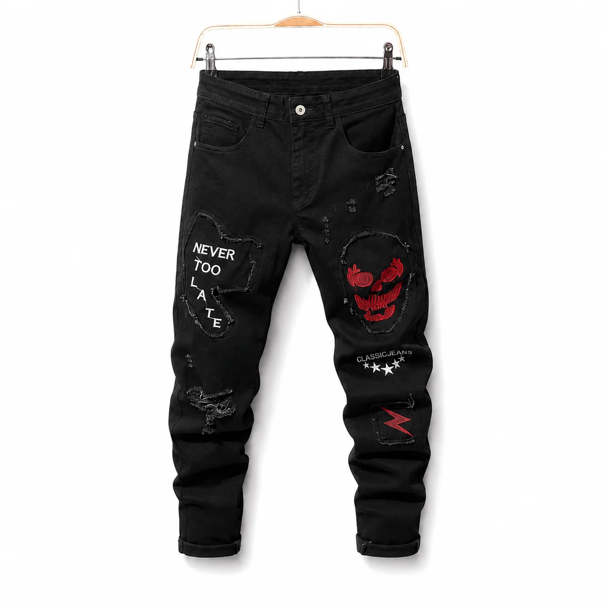 Men High Stretch Skinny Ripped Denim Jeans Skull Embroidery Letter Patchwork Pants Male Hip Hop Streetwear Slim Fit Trousers