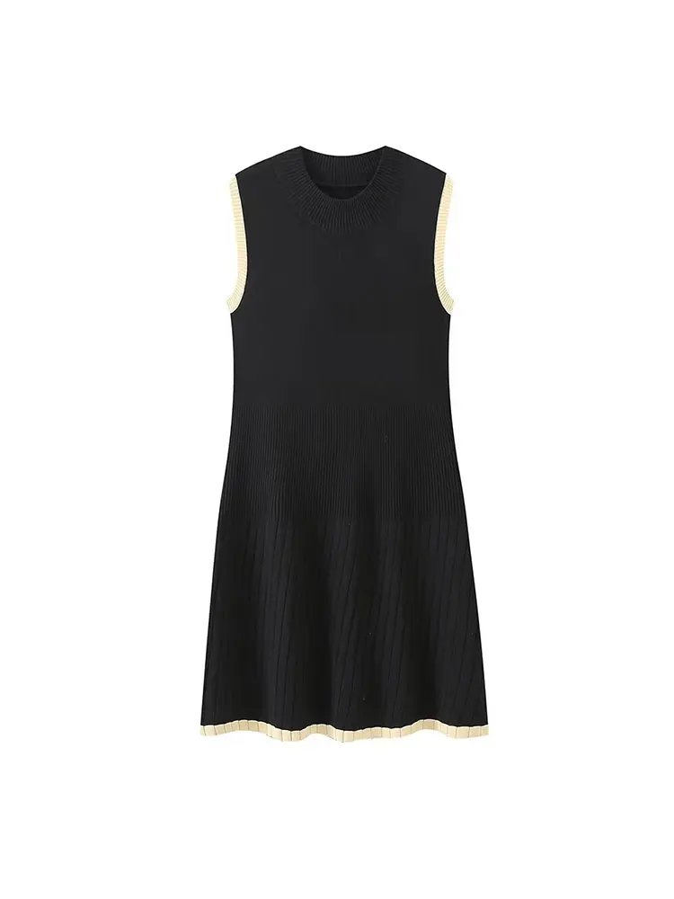 TRAF 2024 Nowa dzianinowa kontrastowa plisowana mini sukienka dla kobiet Nowa moda bez rękawów O Neck Dress Streetwear Casual Dresses