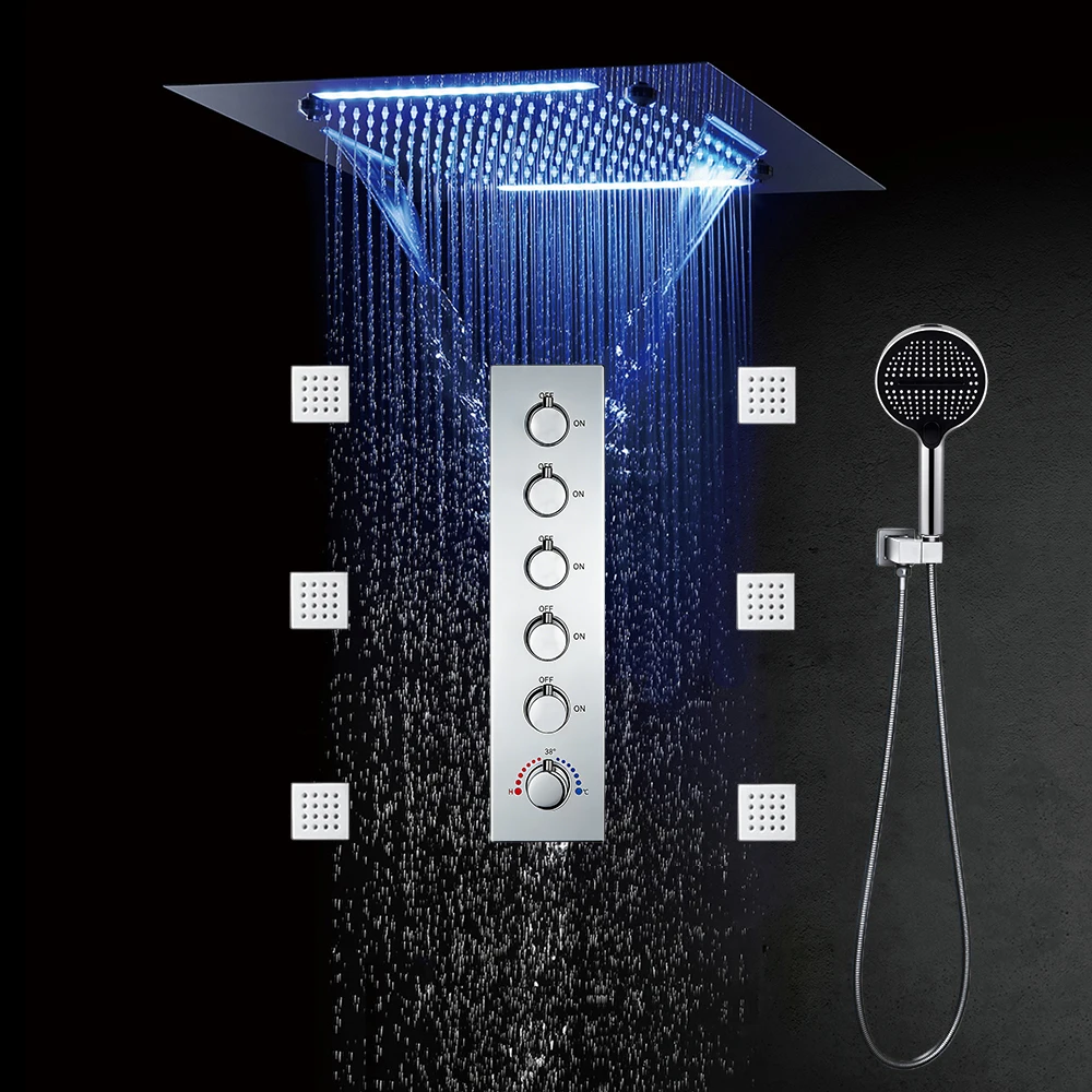 Qlonn Chrome 20 Inch Concealed Ceiling LED Rainfall Shower Set 5 Function Thermostatic Mixer Massage Body Jets Handheld Bathroom