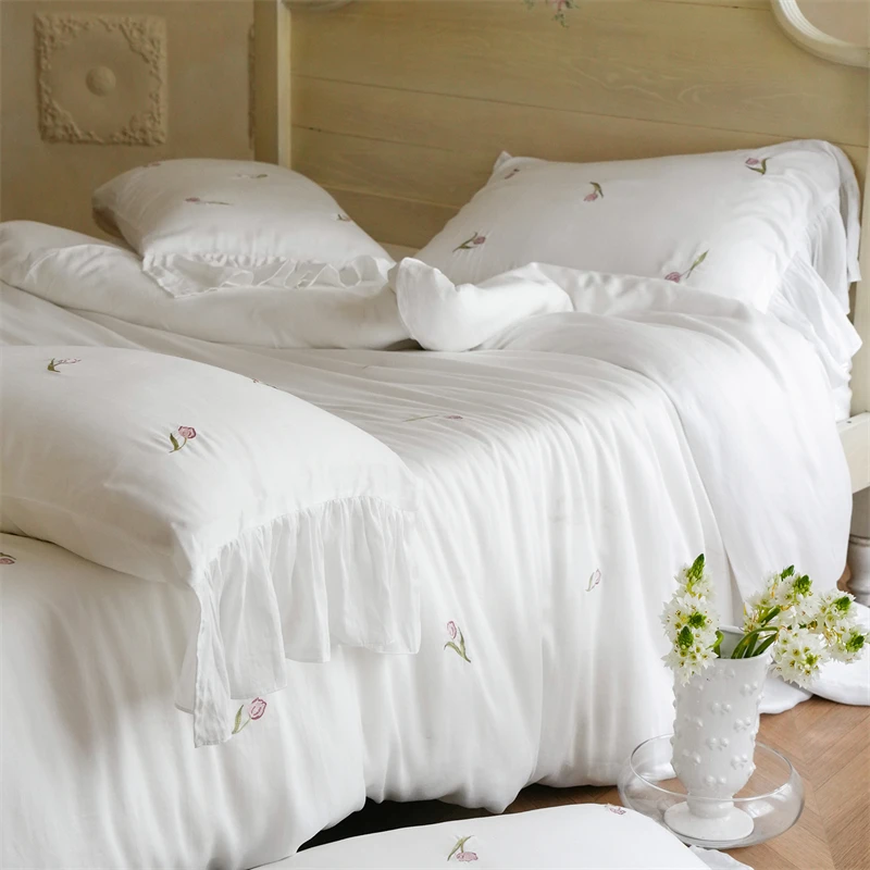Sandwashed Lyocell Bedding Set 4Pcs Tulip Embroidery Duvet Cover Queen King Size Ultra Soft Cooling Bed Sheet Ruffled Pillowcase