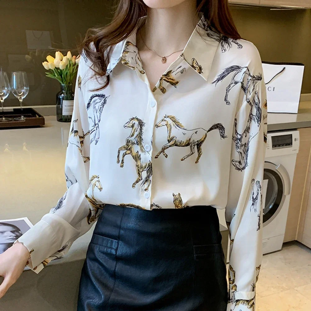 Dating Leisure Shirt Blouse Horse Print Lapel Long Sleeves Retro Smooth Spring Summer Top Vintage Comfy Fashion