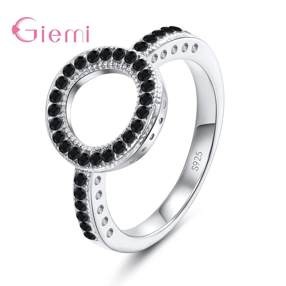 Hollow Round Ring face 925 Silver Needle CZ Black White RhinestonesEngrave Heart Gift Ring for Female Jewelry