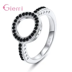 Hollow Round Ring face 925 Silver Needle CZ Black White RhinestonesEngrave Heart Gift Ring for Female Jewelry