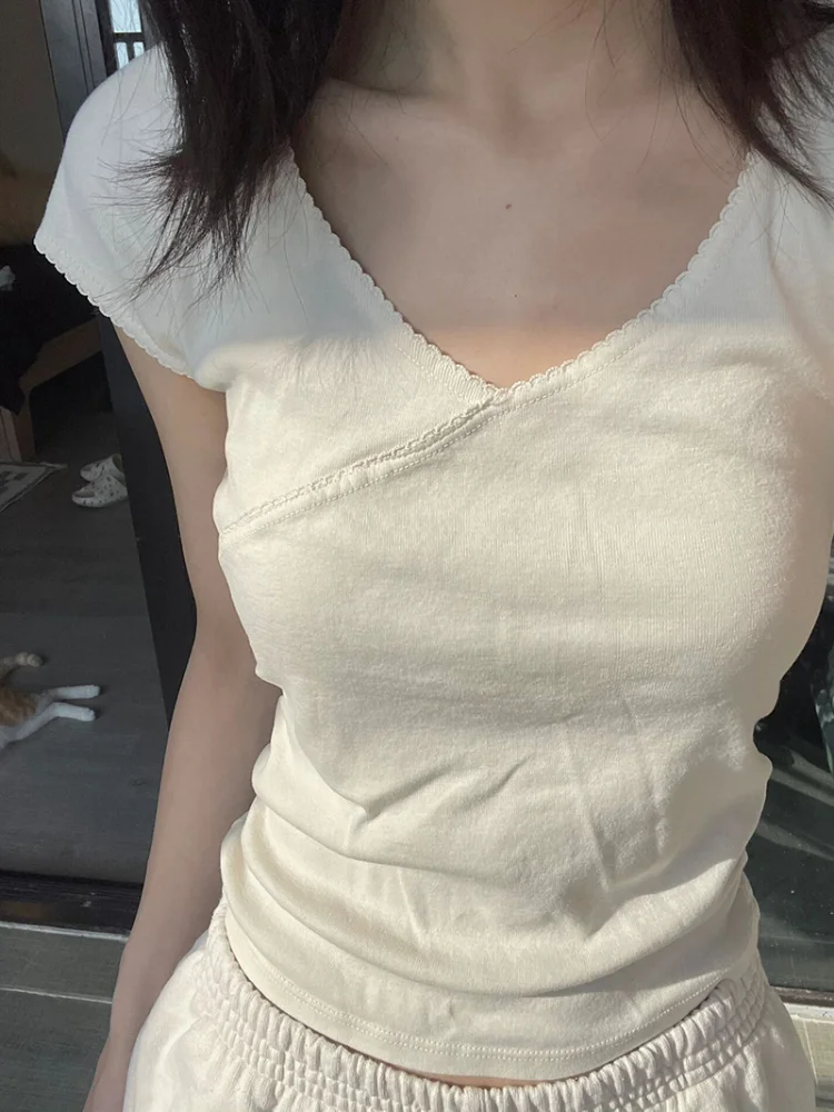 تي شيرت صيفي عتيق بأكمام قصيرة ورقبة على شكل V Y2k تي شيرت جمالي ضيق مقصوص للسيدات كل مباراة متينة Harajuku تي شيرت غير رسمي على الموضة #2