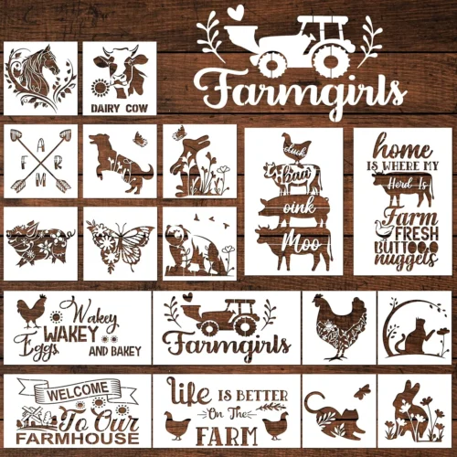 Farmhouse Animal Stencils, 18 Pack Reusable Welcome Farm Stencils for Painting o