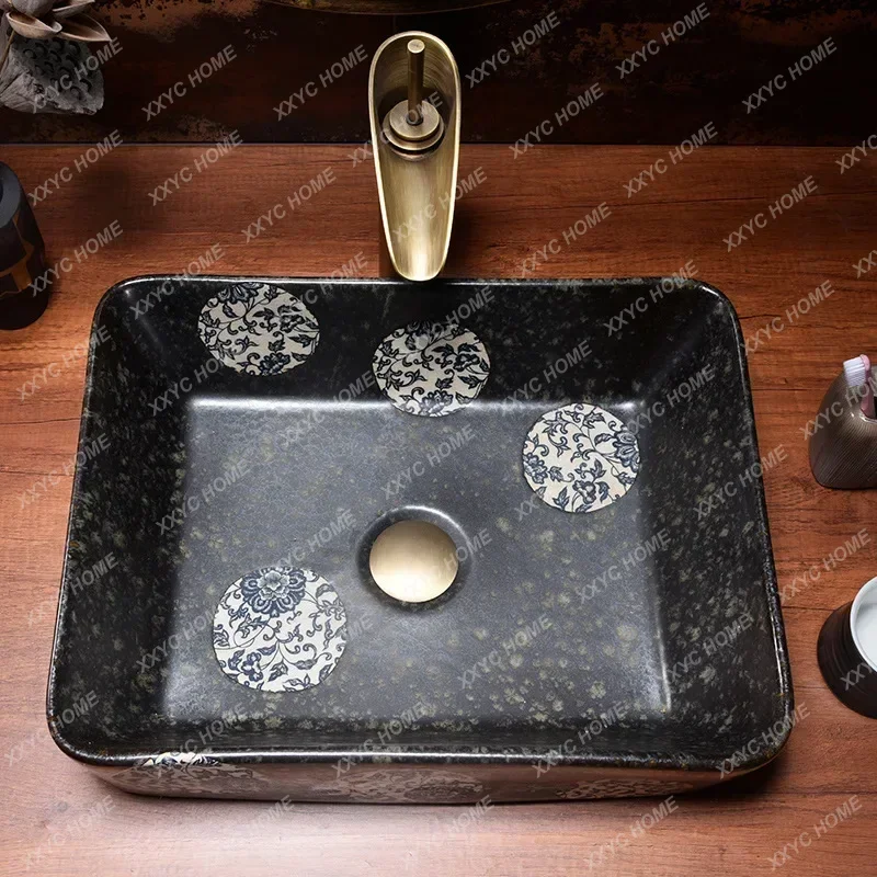 Retro Batu Rami Biru dan Putih Porselen Meja Baskom Wastafel Rumah Tangga Persegi