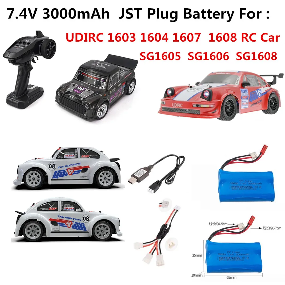 JST Plug 7.4V 3000mAh 2S 18650 Lipo Battery For UDIRC 1603 1604 1607 1608 RC Car SG1605 SG1606 SG1608