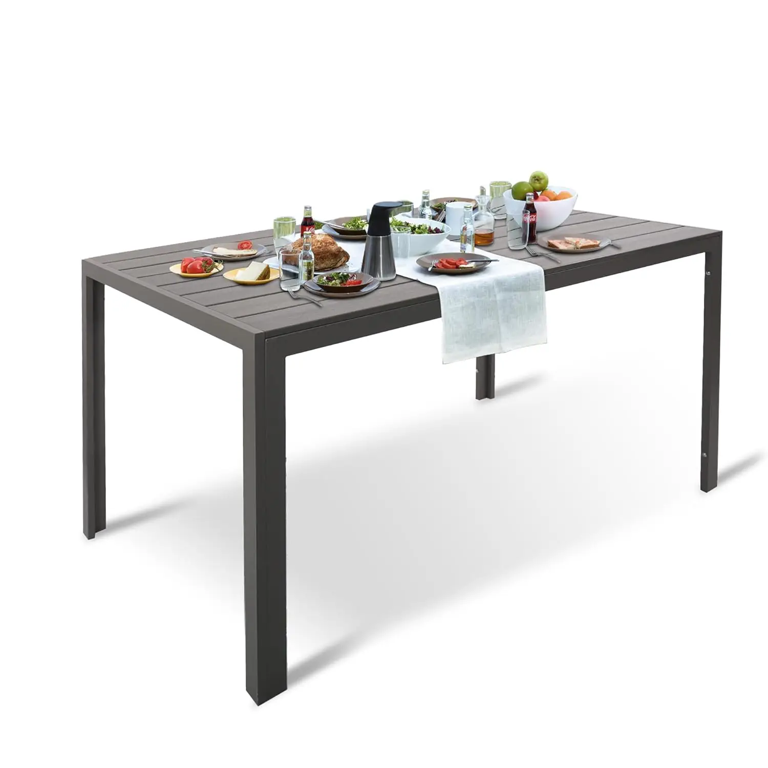 

Уличный обеденный стол на 6 человек, 55-дюймовый всепогодный стол для патио с столешницей под дерево и прочной, индивидуальной конструкцией.