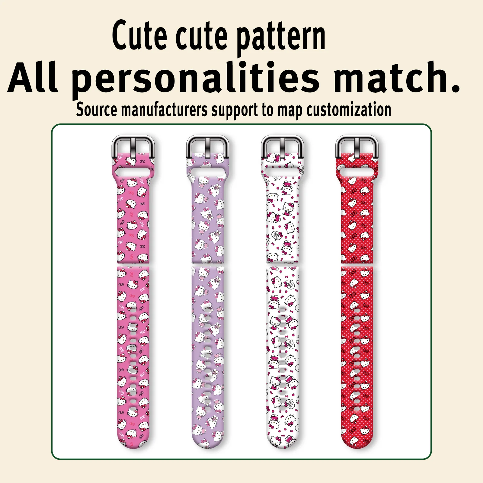

20mm Hello Kitty Printed Strap for Samsung Galaxy 7/6/5 40mm 44mm Band Replaceable Bracelet 22mm for Xiaomi Amazfit Watchband
