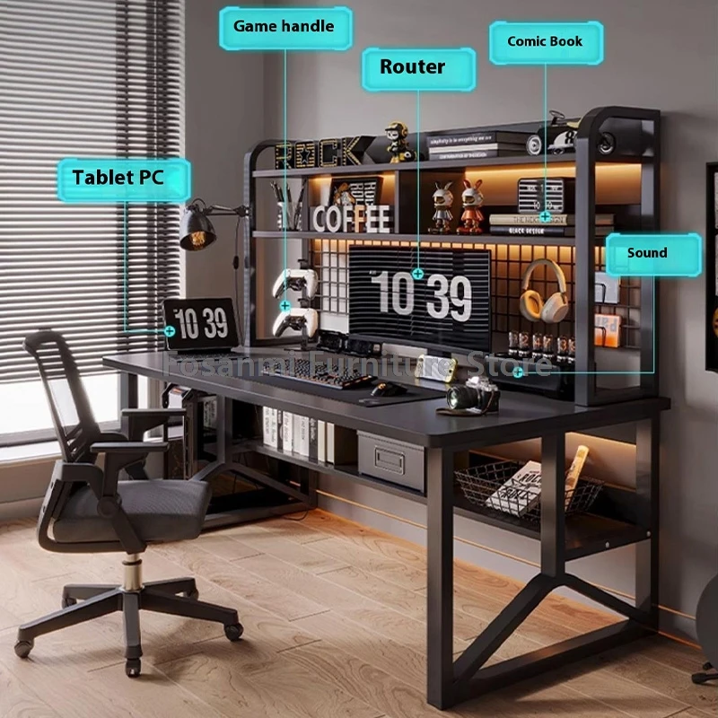 Черный широкий студенческий учебный стол Современный офисный прочный стол для ПК с полкой Y-образный металлический каркас Игровой компьютерный стол для домашнего геймера