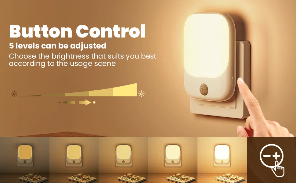 2pcs Night Light Socket with Motion Sensor, Night Light 3-Level Brightness Adjustment (On/Auto/Off), 2700K Warm White Night