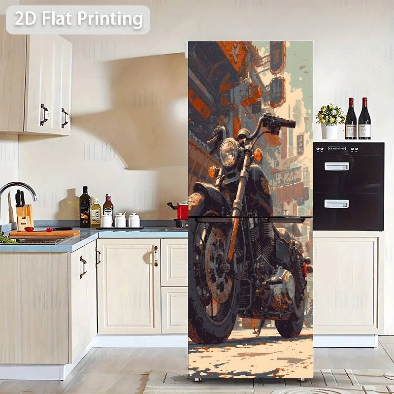 of Refrigerator Sticker Measuring 60X180 Cm Featuring a Motorcycle Theme for Street Scenes, Self-Adhesive Wall Decor Suitable
