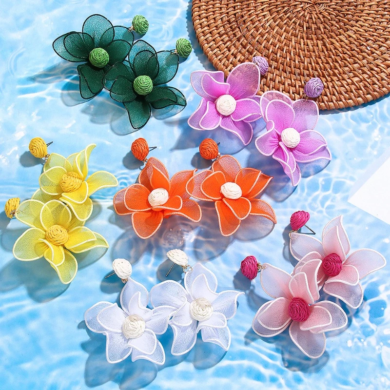 Handwoven Raffia Sunflower Earrings | Casual Vacation Boho Jewelry | Stylish Chic Statement Design