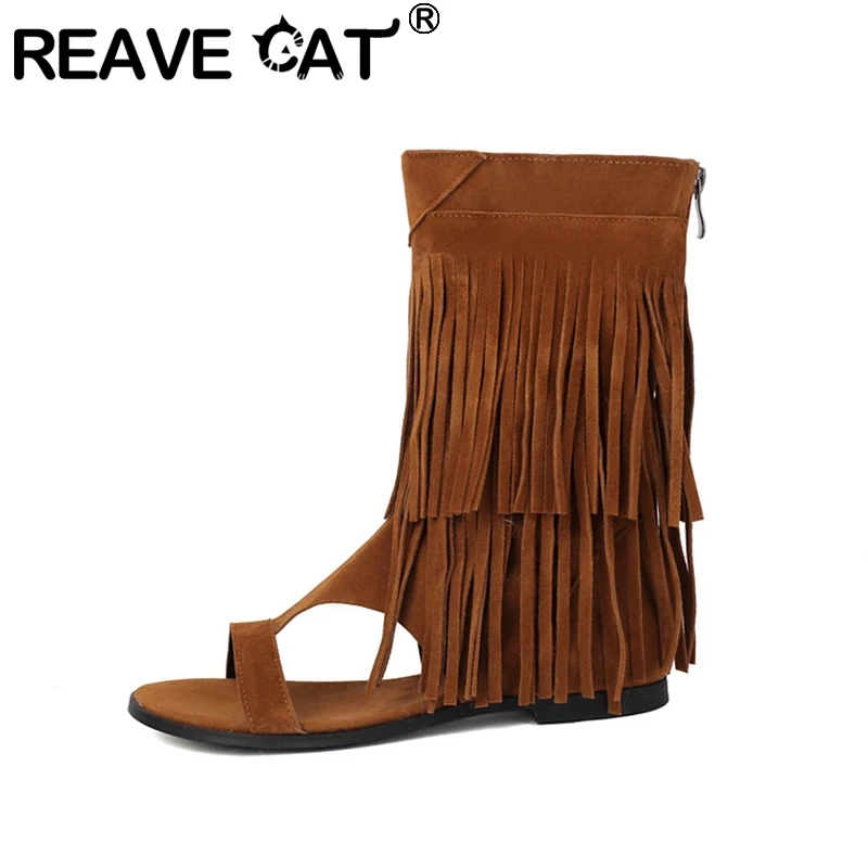 

REAVE CAT 2025 Женские летние флоковые летние ботинки до середины икры с 2 кисточками на плоском каблуке Большой размер 40, 41, 42, 45, 46 48 50 Коричневый, черный, на молнии